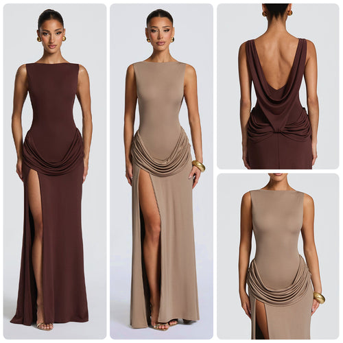 Damen Elegantes Maxikleid mit raffinierter Drapierung und hoch schlitzendem Design R&B