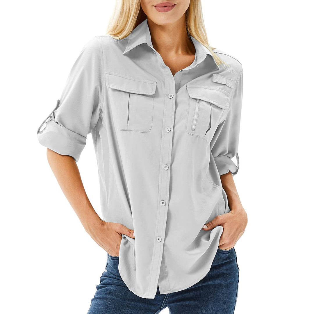 Damen lässige Bluse mit praktischen Taschen und umschlagbaren Ärmeln R&B