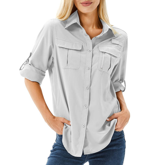 Damen lässige Bluse mit praktischen Taschen und umschlagbaren Ärmeln R&B