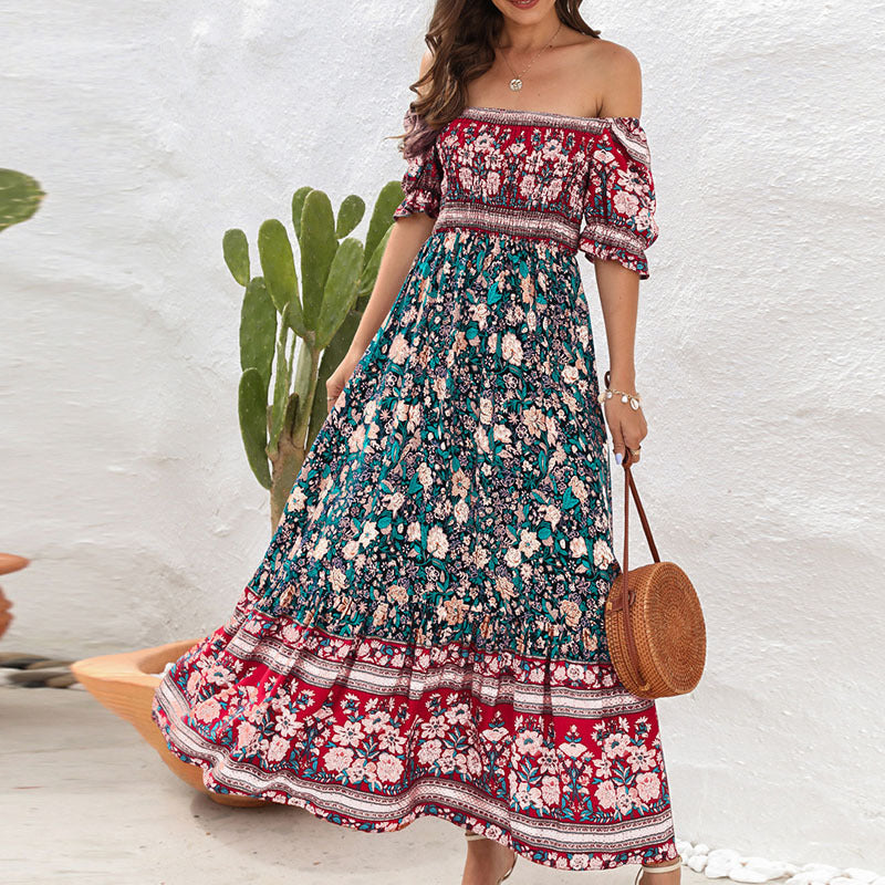 Damen Maxikleid mit Off-Shoulder Design und floralen Mustern R&B
