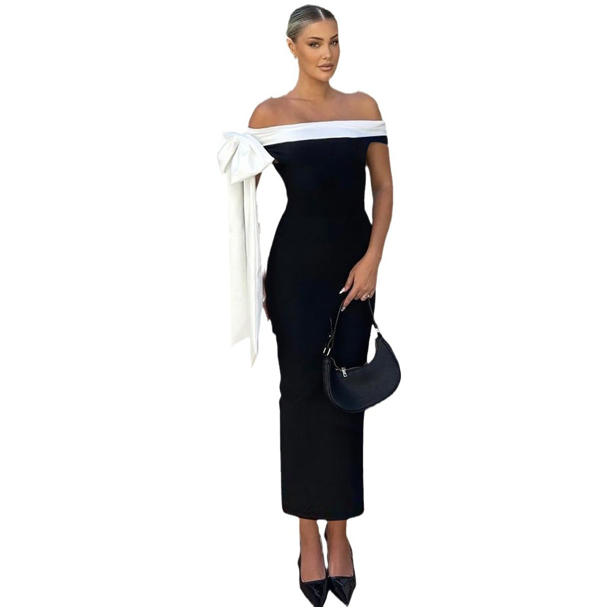 Damen Langarm Abendkleid mit schulterfreiem Design und raffinierten Schleifendetails R&B