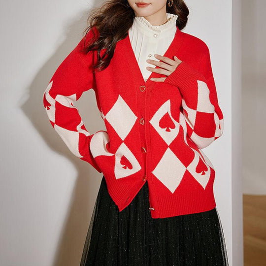 Damen Strickjacke mit Herzknöpfen und Rautenmuster R&B