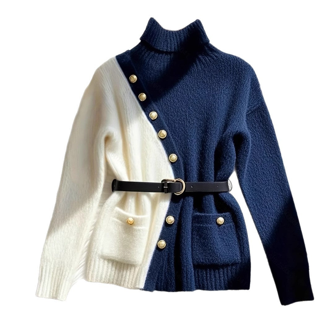 Damen Schicker Pullover mit hohem Kragen und eleganten Knöpfen R&B