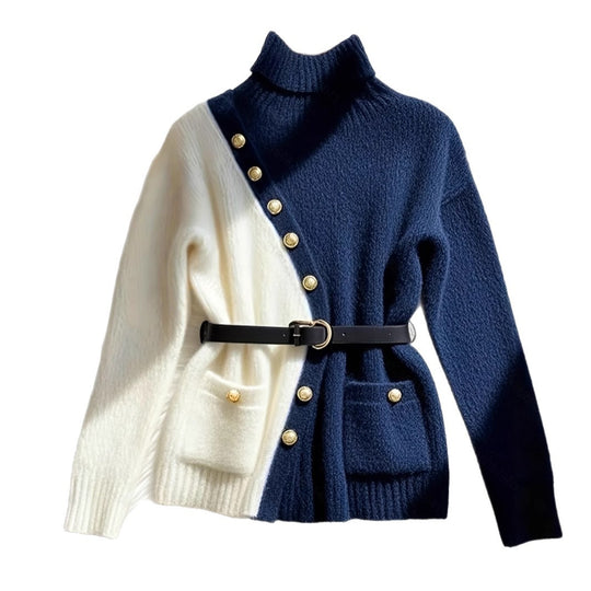 Damen Schicker Pullover mit hohem Kragen und eleganten Knöpfen R&B