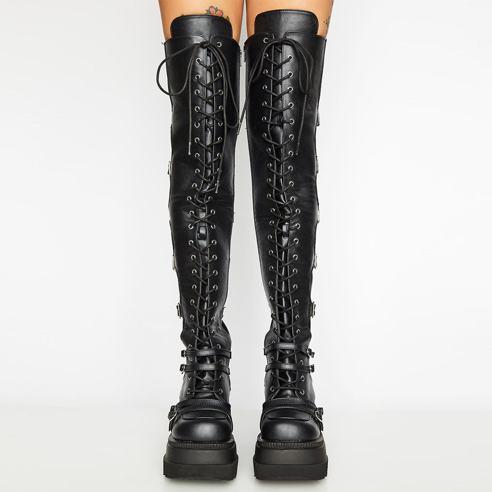 Damen Hochformatige Plateau-Stiefel mit modischem Reißverschluss und Schnür-Design R&B