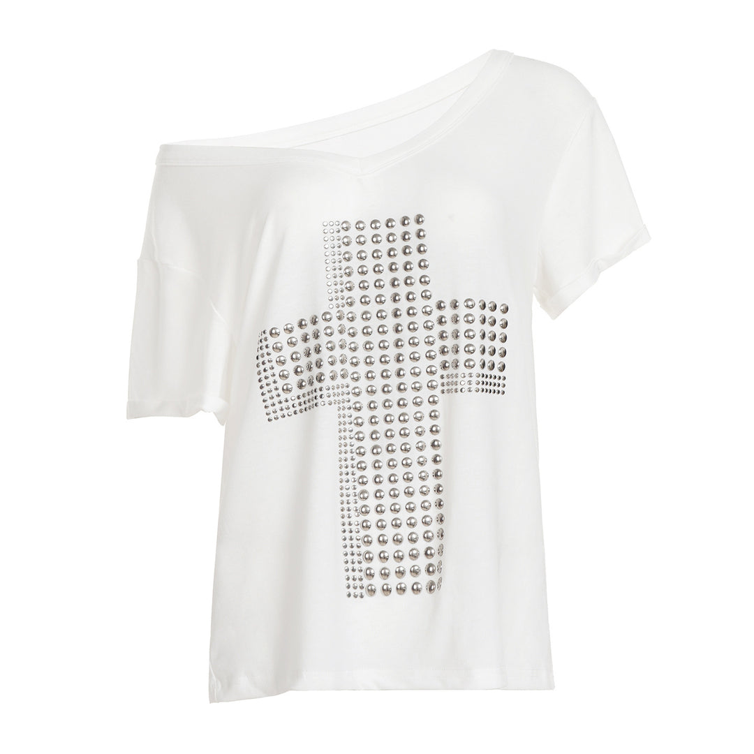 Damen V-Ausschnitt T-Shirt mit stilvollem Nieten-Dekor R&B