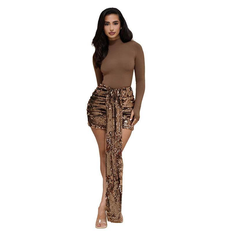 Damen Elegantes Mini-Kleid mit Glitzerdetails und Schärpe R&B