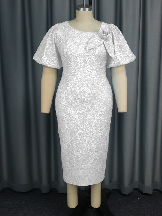 Damen elegantes Etuikleid mit fließenden Puffärmeln und Blumenapplikation R&B