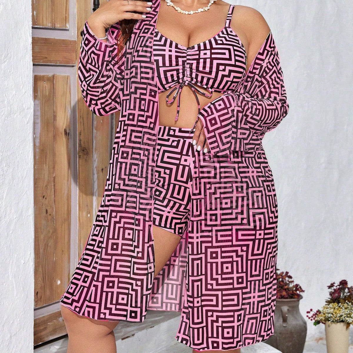 Damen Bikini-Set mit transparentem Überwurf und modischem geometrischen Muster R&B