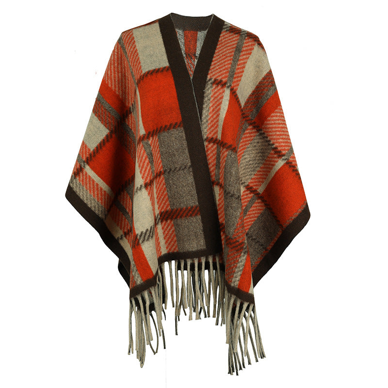 Damen eleganter Poncho mit modernem Karomuster und Fransen R&B