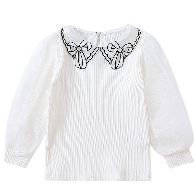 Mädchen Bluse mit transparenter Puffärmel und besticktem Kragen R&B