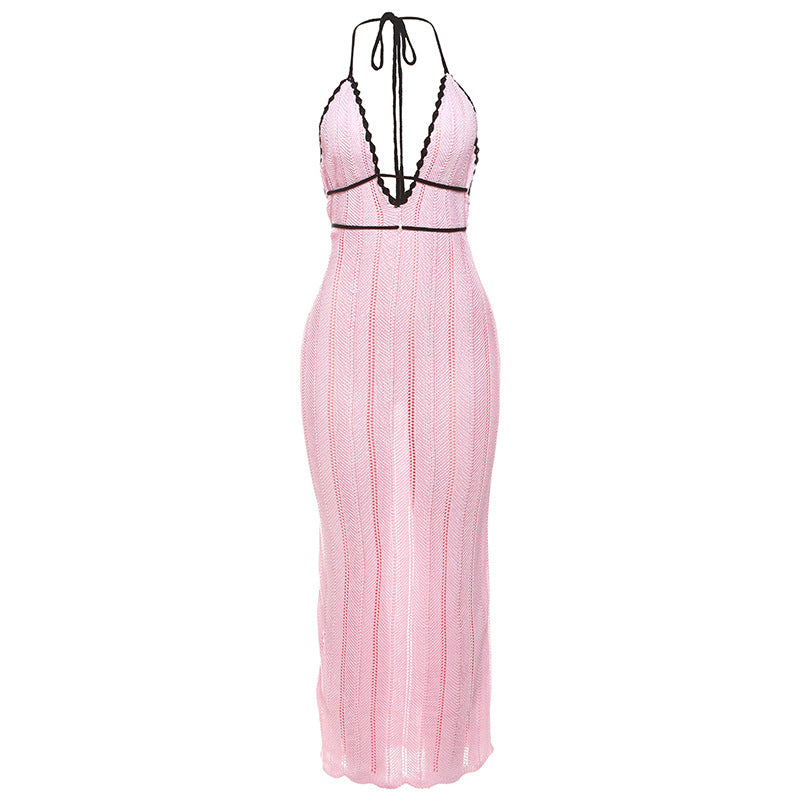 Damen Strick Maxikleid mit tiefem V-Ausschnitt und Bindebändern R&B