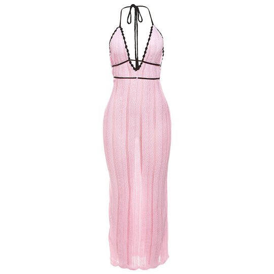 Damen Strick Maxikleid mit tiefem V-Ausschnitt und Bindebändern R&B