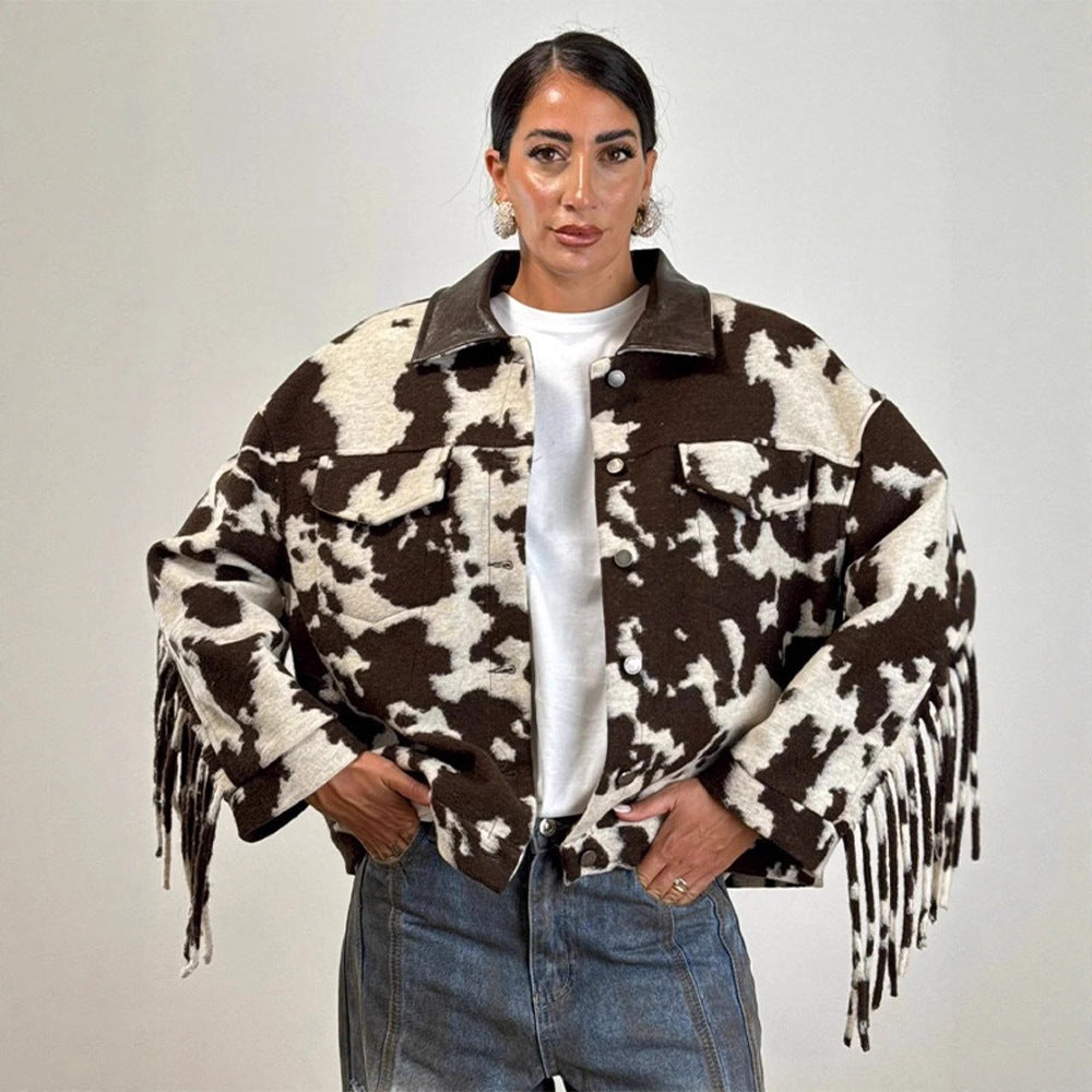 Damen Oversized Fransenjacke mit Kuhmuster R&B