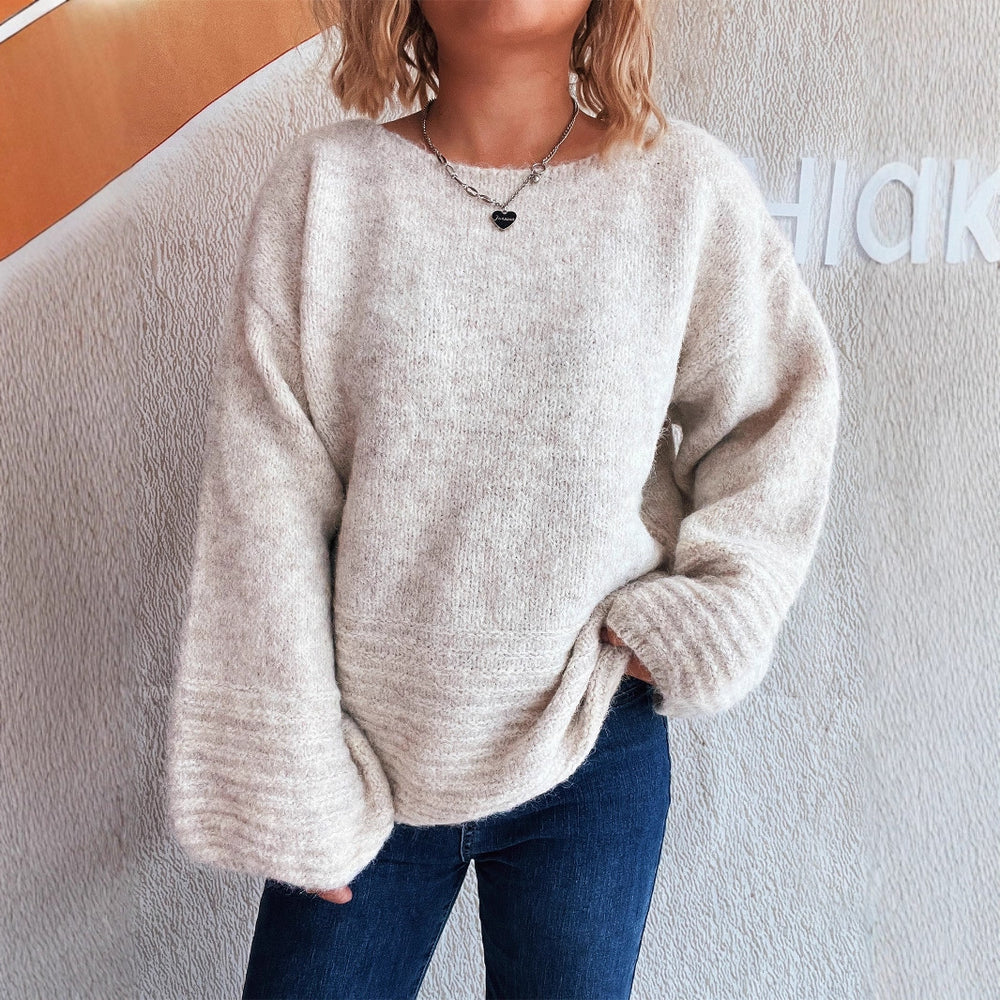Damen kuscheliger Strickpullover mit weitem Schnitt und modischen Baumelärmeln R&B