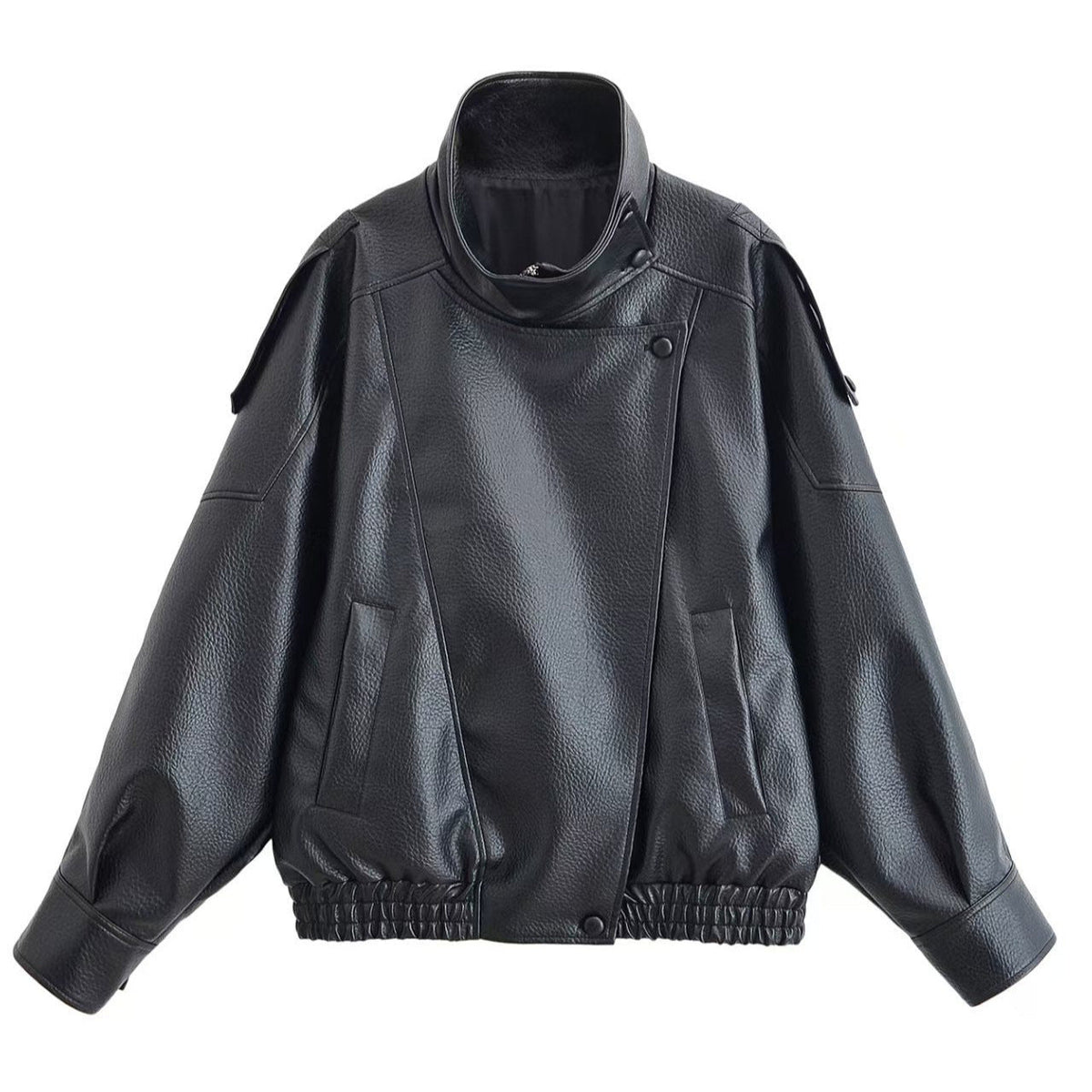 Damen nan Oversize Kunstleder-Bomberjacke mit hohem Stehkragen, Druckknopfblende und smockbündchen R&B