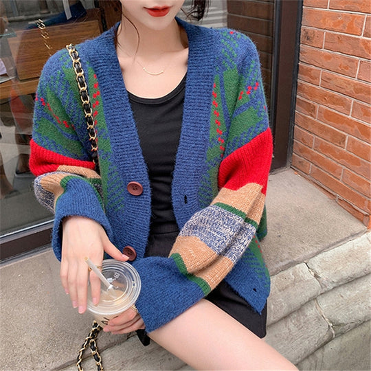 Damen Grobstrick-Cardigan mit buntem Karomuster und großen Holzknöpfen R&B
