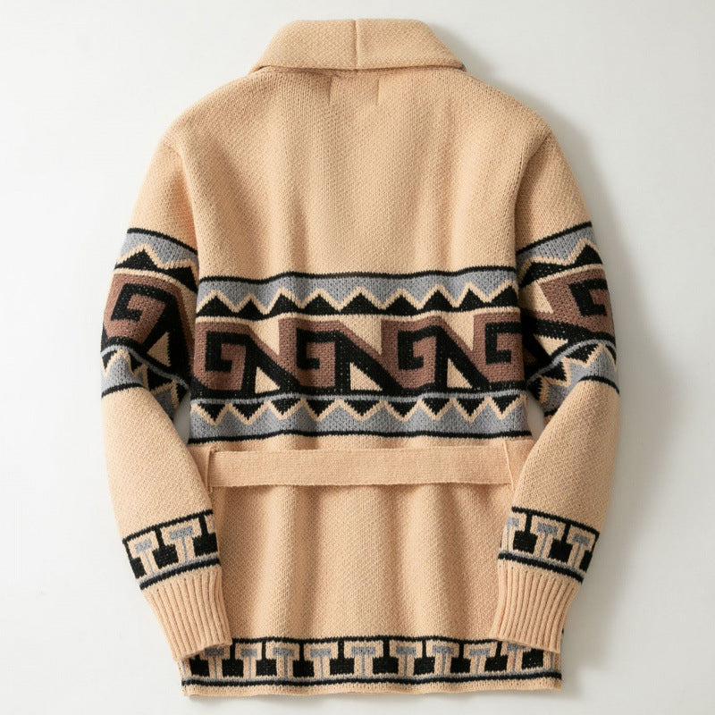 Damen Strickjacke mit grafischem Muster und Gürtel R&B