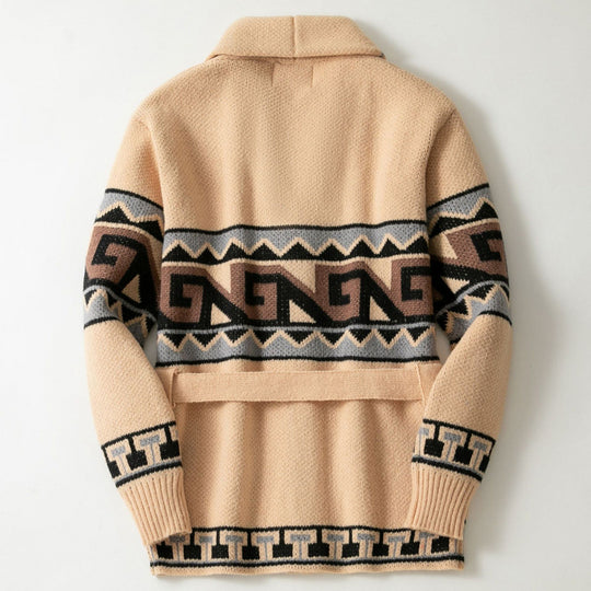 Damen Strickjacke mit grafischem Muster und Gürtel R&B