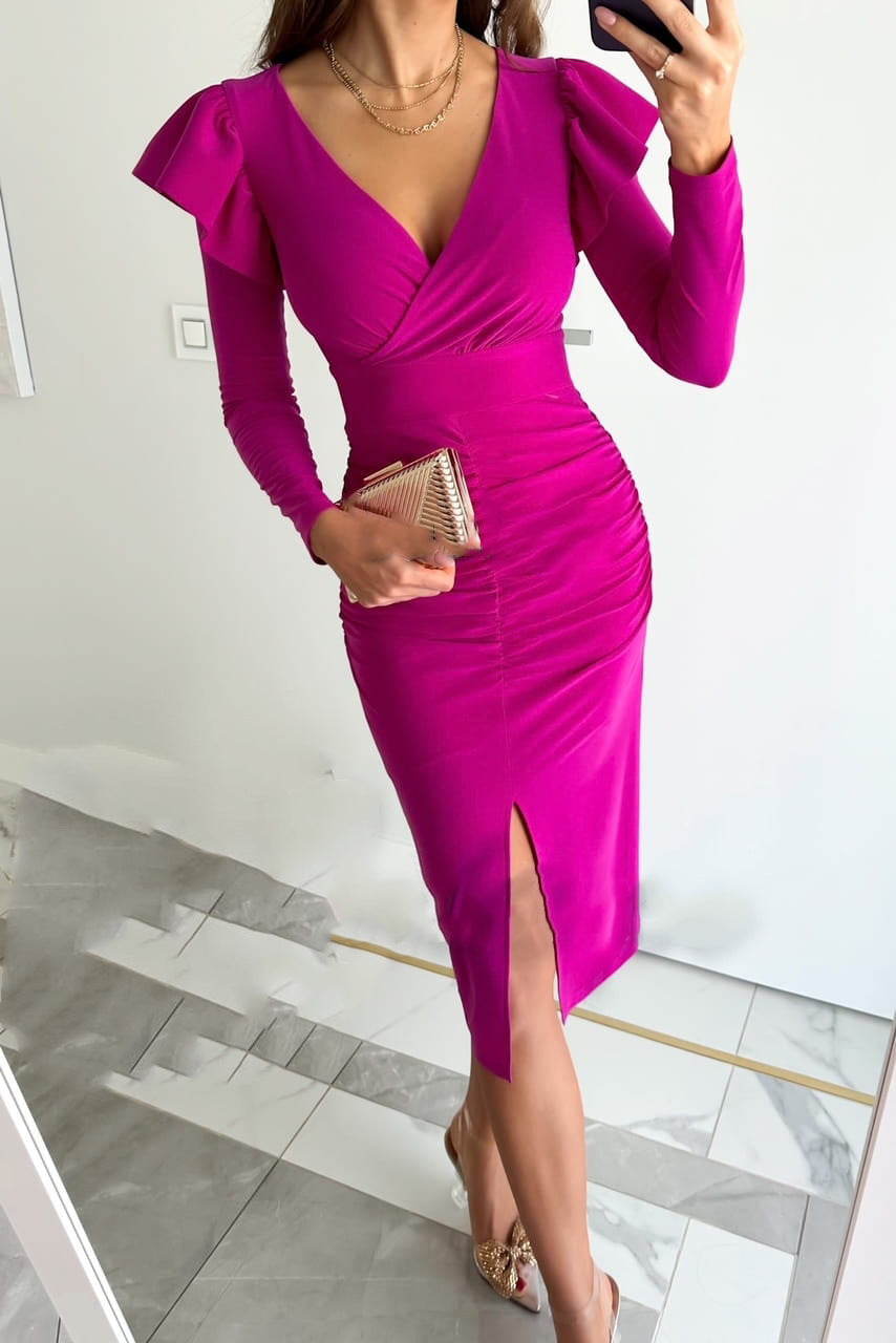 Damen Wickelkleid mit Raffungen und voluminösen Ärmeln R&B