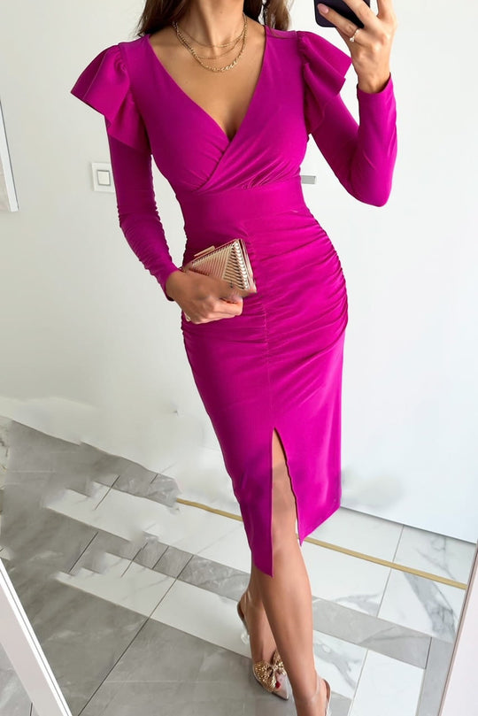 Damen Wickelkleid mit Raffungen und voluminösen Ärmeln R&B