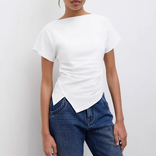 Damen Cropped T-Shirt mit asymmetrischem Schnitt und dekorativem Drapierungseffekt R&B
