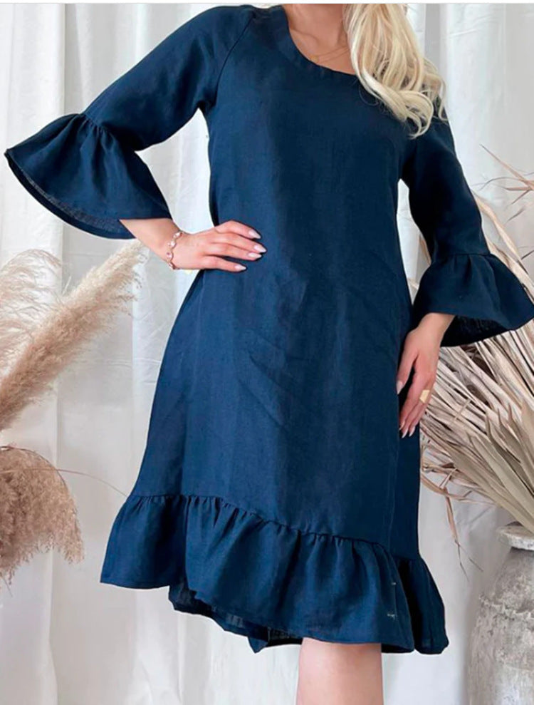 Damen Leichtes Leinenkleid mit Rüschendetails und weitem Schnitt R&B