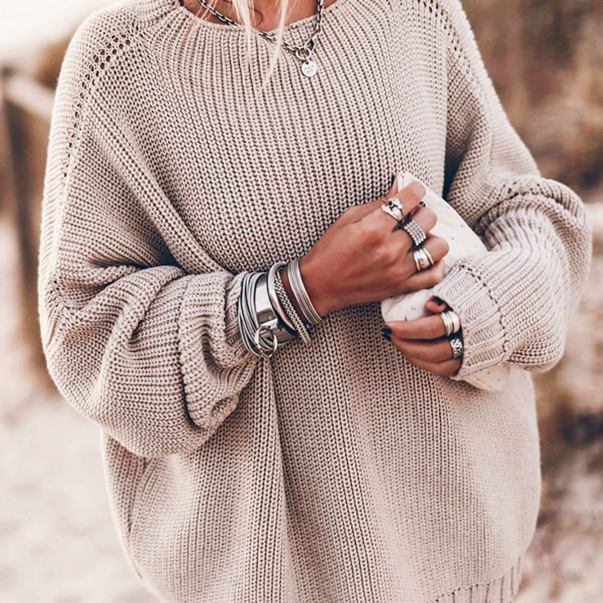 Damen Oversized Strickpullover mit luftigen Maschen und Seitenschlitzen R&B