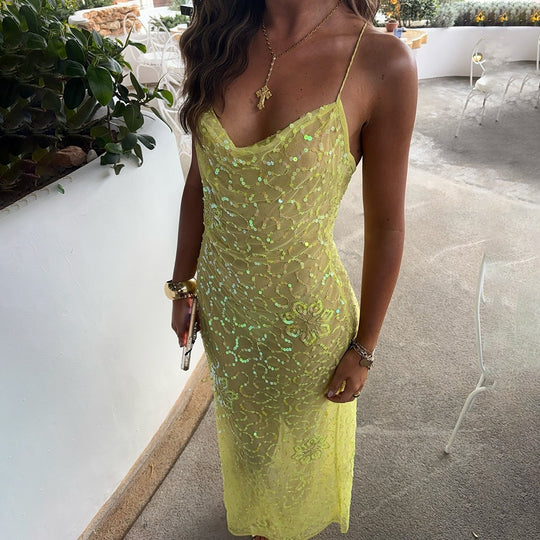 Damen ärmelloses, glitzerndes Maxikleid R&B
