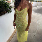 Damen ärmelloses, glitzerndes Maxikleid R&B