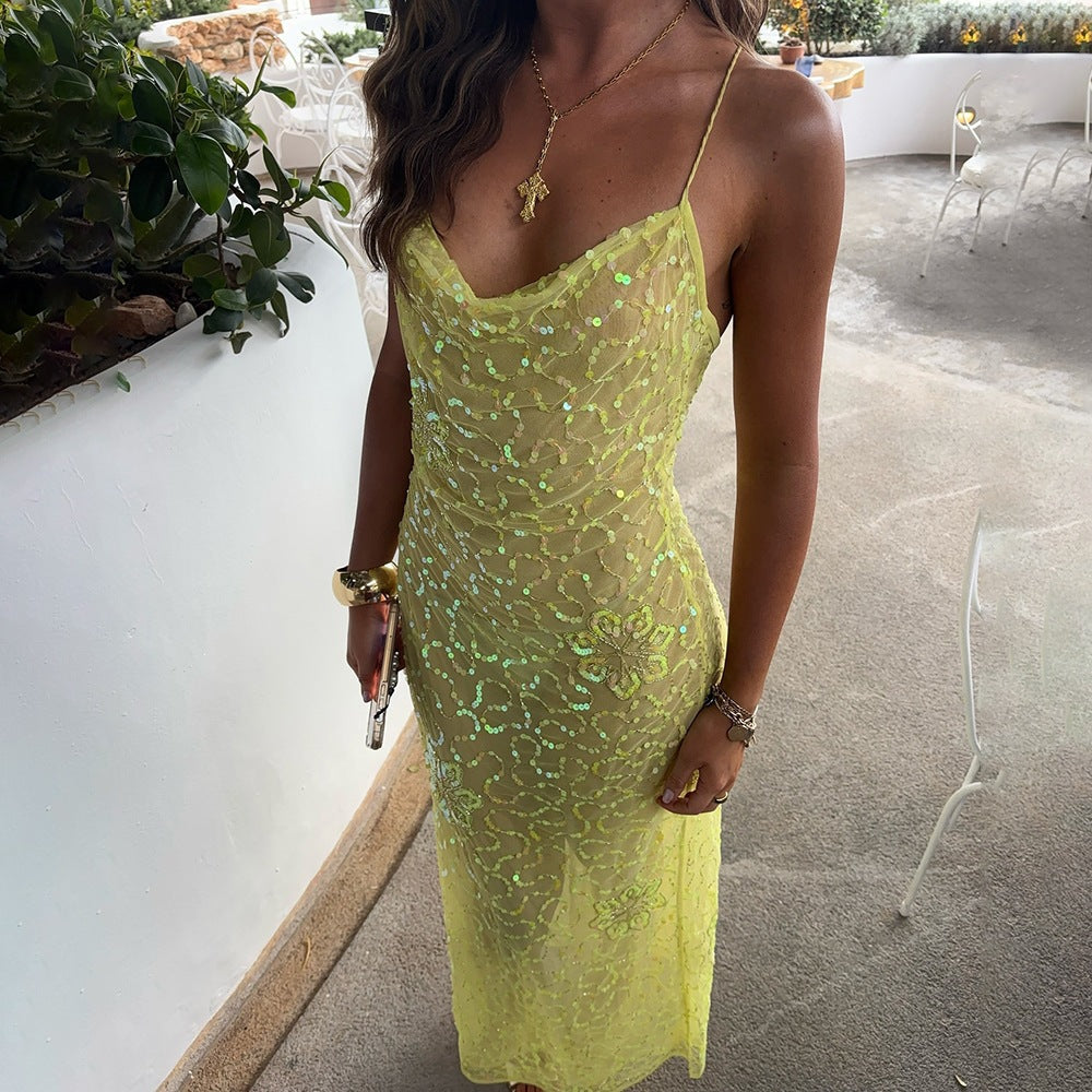 Damen ärmelloses, glitzerndes Maxikleid R&B