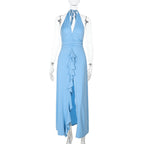 Damen Haltermaxikleid mit gerafftem Design und verspielten Rüschen R&B