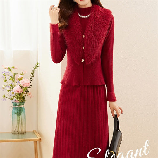 Damen elegantes Strickset mit hochwertigem Fellkragen und modischer Rippstruktur R&B