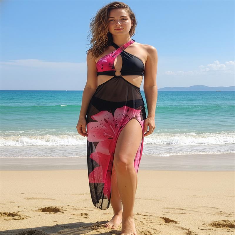 Damen Strandkleid mit modischem Wickeldesign und floralem Schnitt R&B