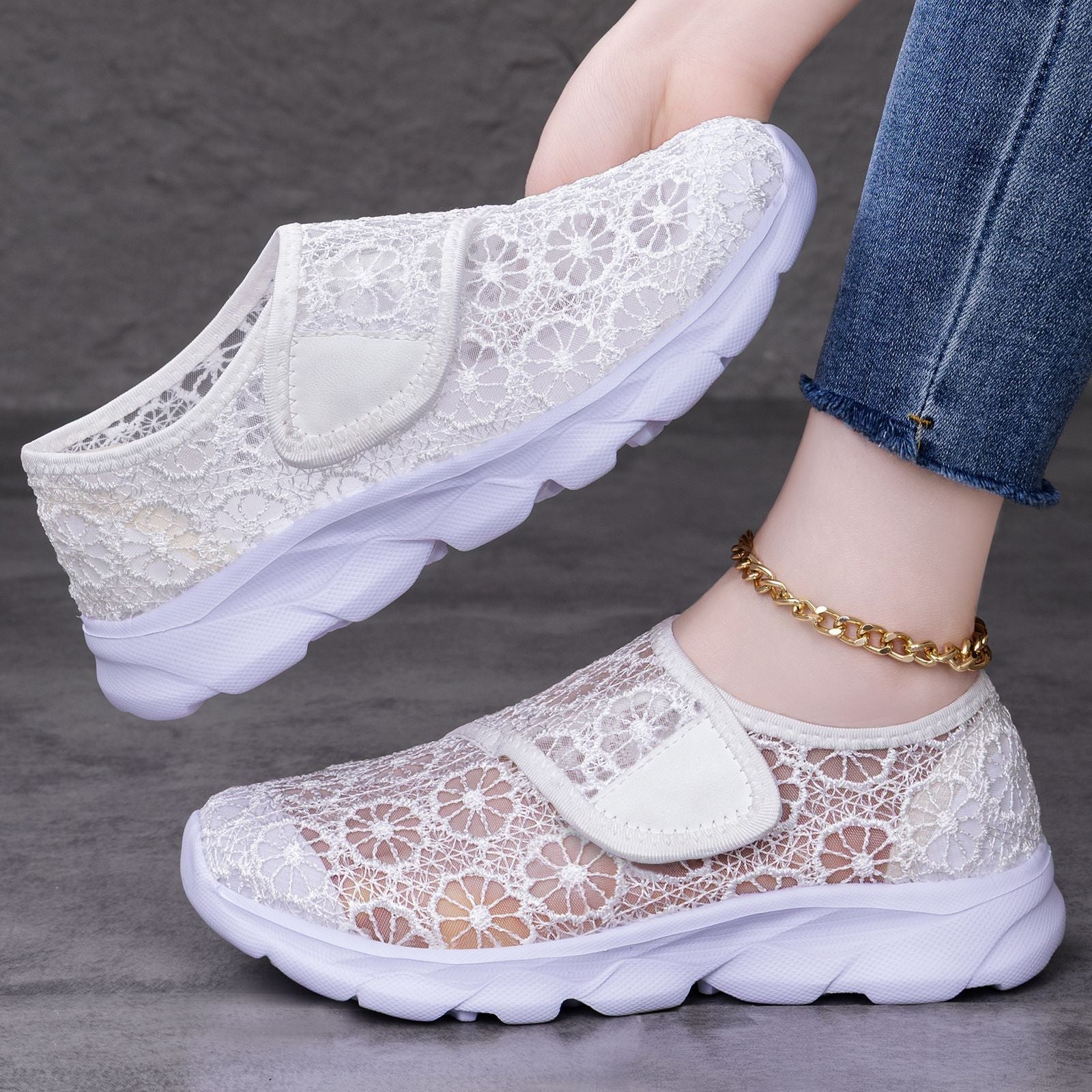 Damen modische Hausschühchen mit elastischem Klettverschluss und floralem Design