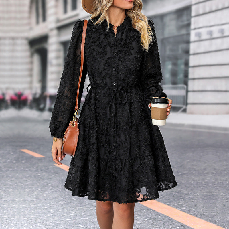 Damen Kleid im romantischen Boho-Stil mit Knopfverschluss und Bindegürtel R&B