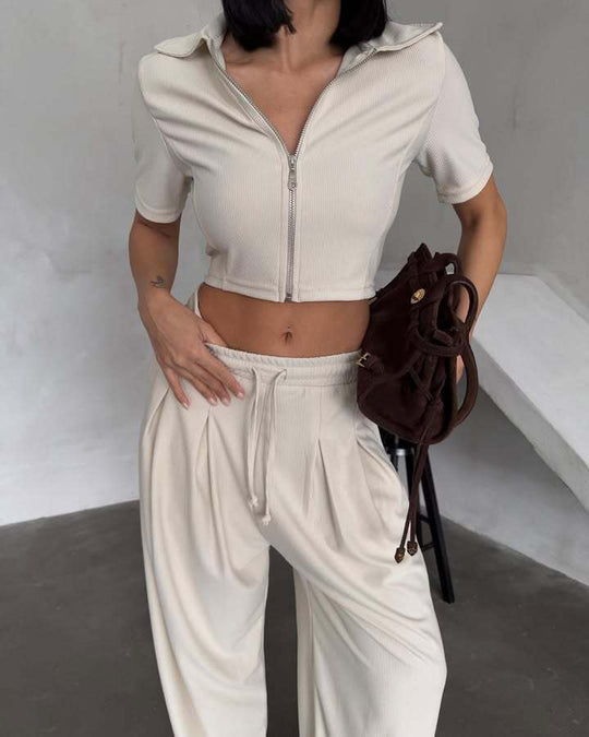 Damen sportliches Set mit kurzem Kragen und Reißverschluss R&B
