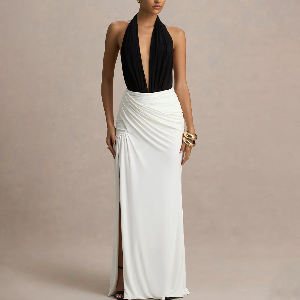 Damen Elegantes Maxikleid mit tiefem V-Ausschnitt und gerafftem Rock R&B