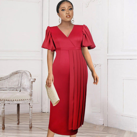Damen elegantes Faltenkleid mit V-Ausschnitt und voluminösen Ärmeln R&B