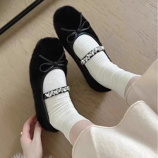 Damen Ballerinas mit kuscheligem Obermaterial und funkelndem Schmuckdetail R&B