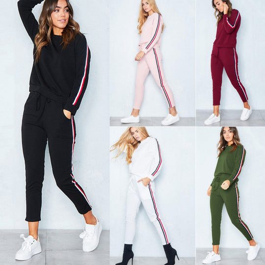 Damen modisches Sport-Set mit kontrastierenden Seitenstreifen und elastischem Bund R&B