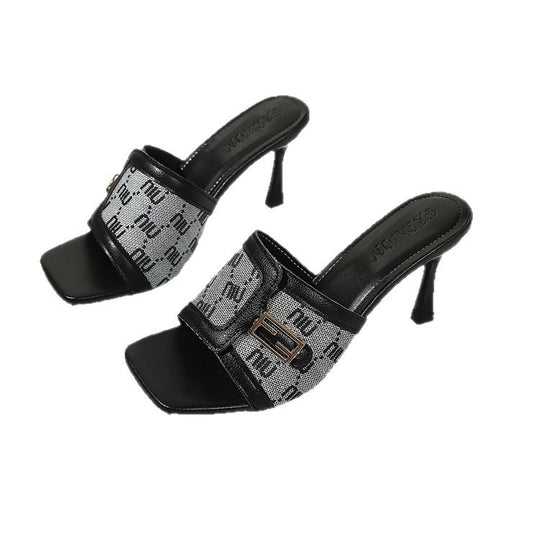 Damen elegante Slingback-Sandalen mit modischem Logo-Druck und schickem Absatz R&B