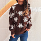 Damen kuscheliger Strickpullover mit floralen Applikationen und Rundhalsausschnitt R&B