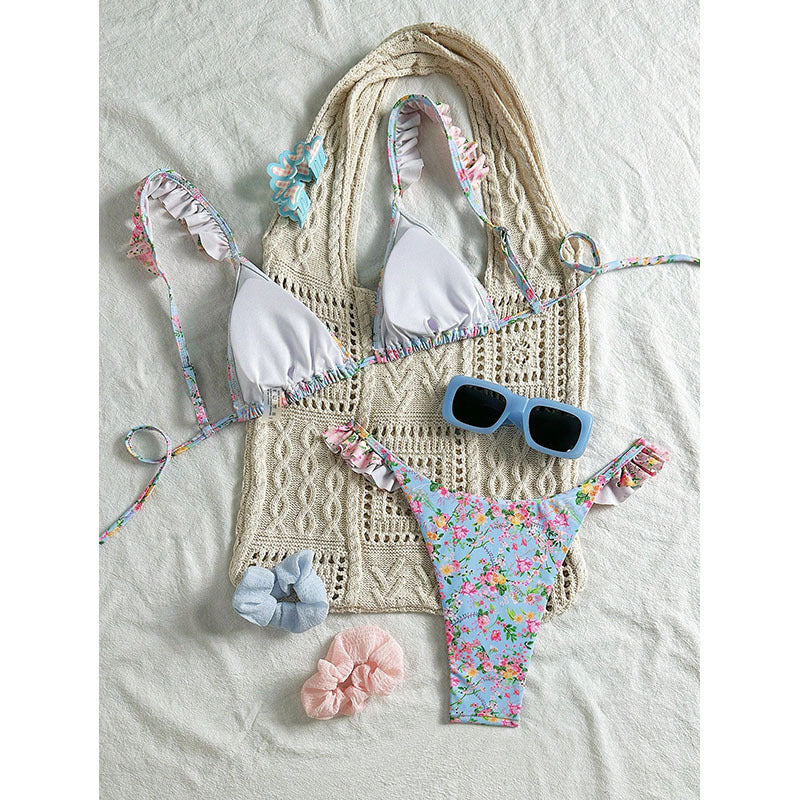 Damen Triangel-Bikini mit floralen Rüschendetails