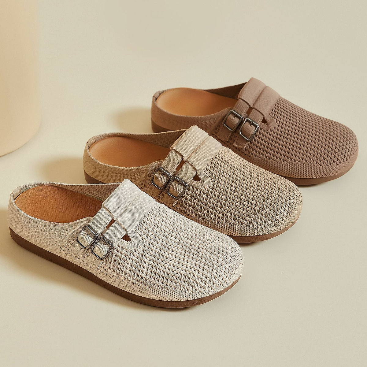 Damen nan gestrickter Clog-Mule mit doppelter Metallschnalle, atmungsaktivem 3D-Strickoberteil und ergonomischem Memory-Fußbett R&B
