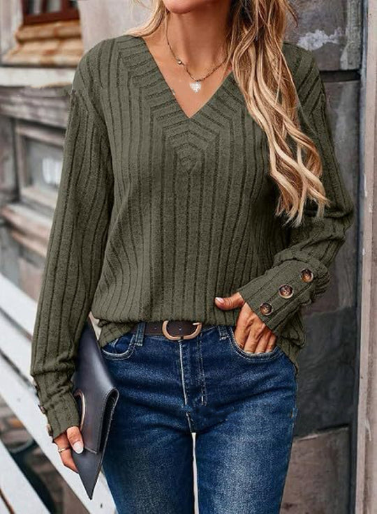 Damen Strickpullover mit V-Ausschnitt und modischer Rippstruktur R&B