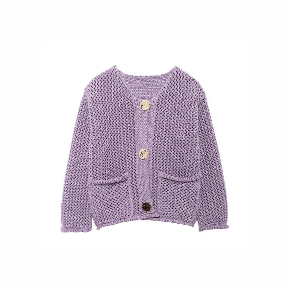 Damen luftige Strickjacke mit durchbrochenem Muster und praktischen Taschen R&B