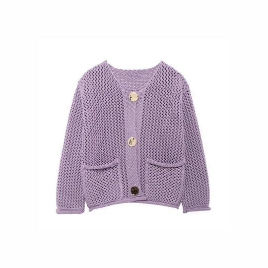 Damen luftige Strickjacke mit durchbrochenem Muster und praktischen Taschen R&B