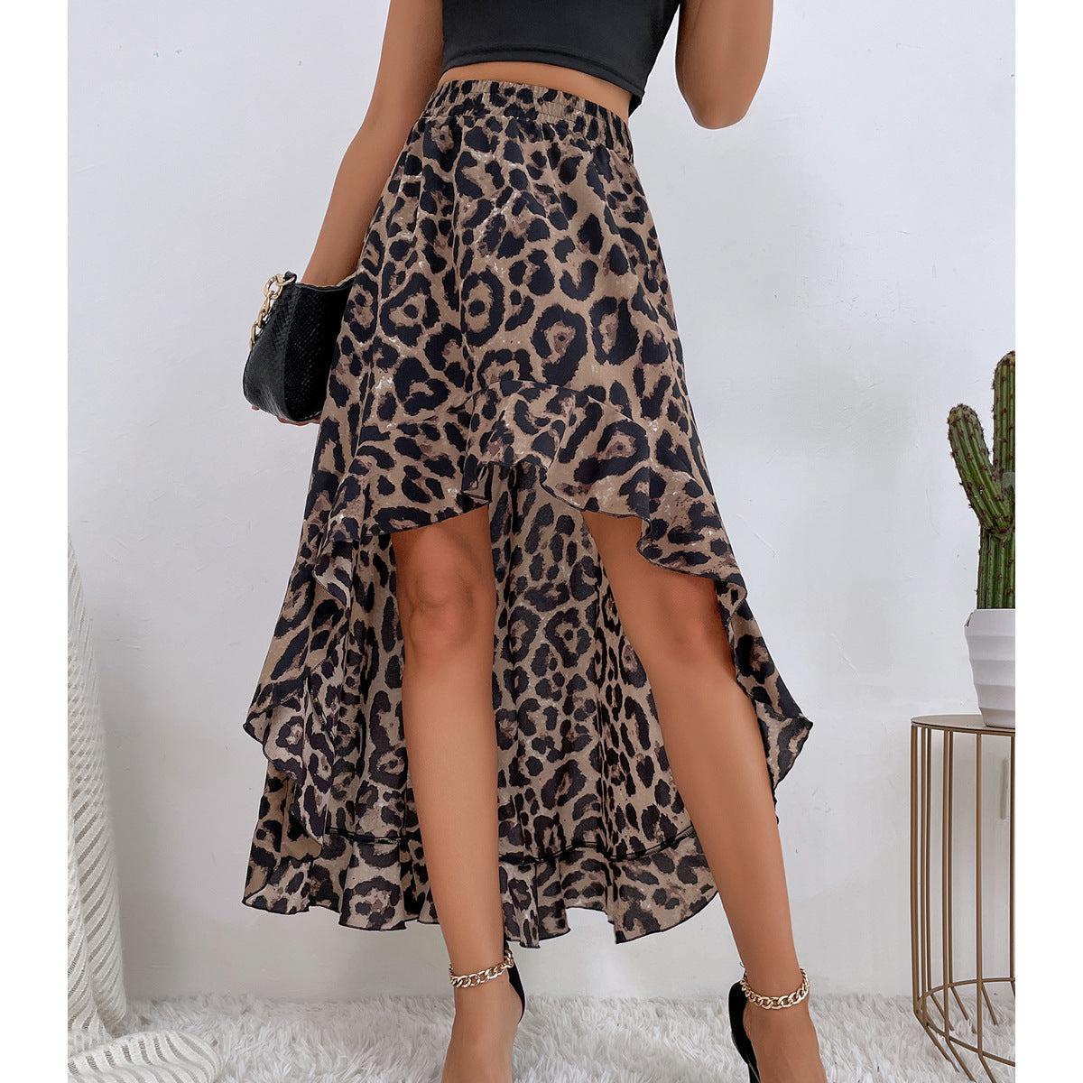 Damen Asymmetrischer Maxi-Rock mit aufregendem Leopardenmuster und Rüschendetails R&B