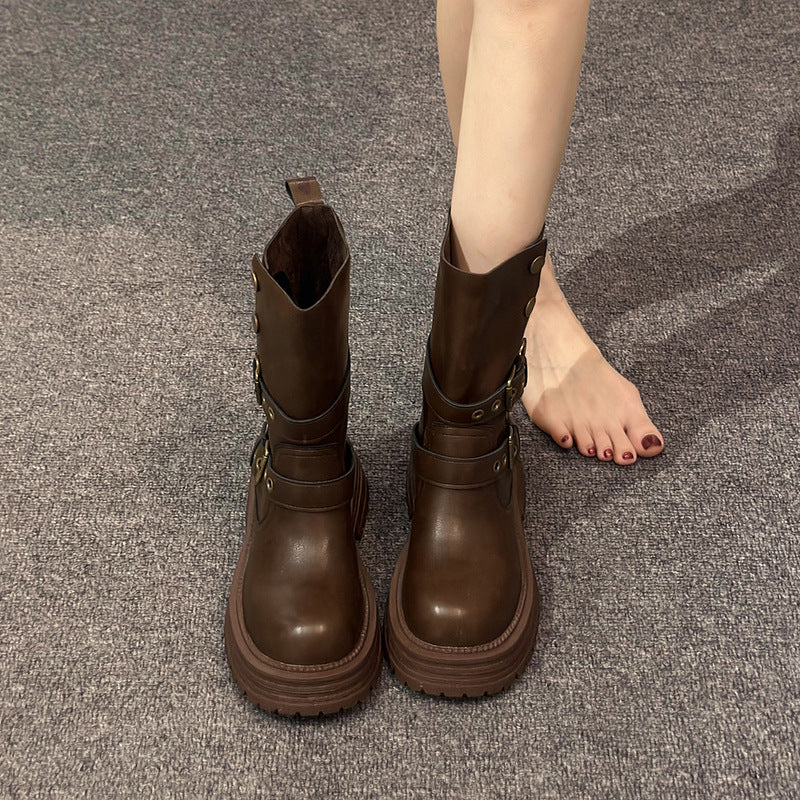 Damen Stiefeletten mit modischen Schnallen und robuster Plateausohle R&B